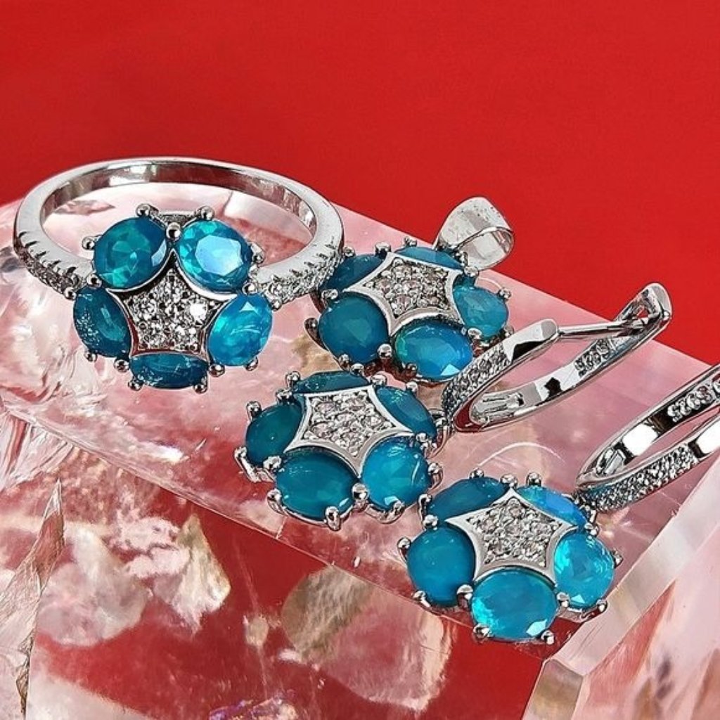 Natural Blue Opal 925 Sterling Silver Set With Earrings Pendant Ring Sz 775 155$